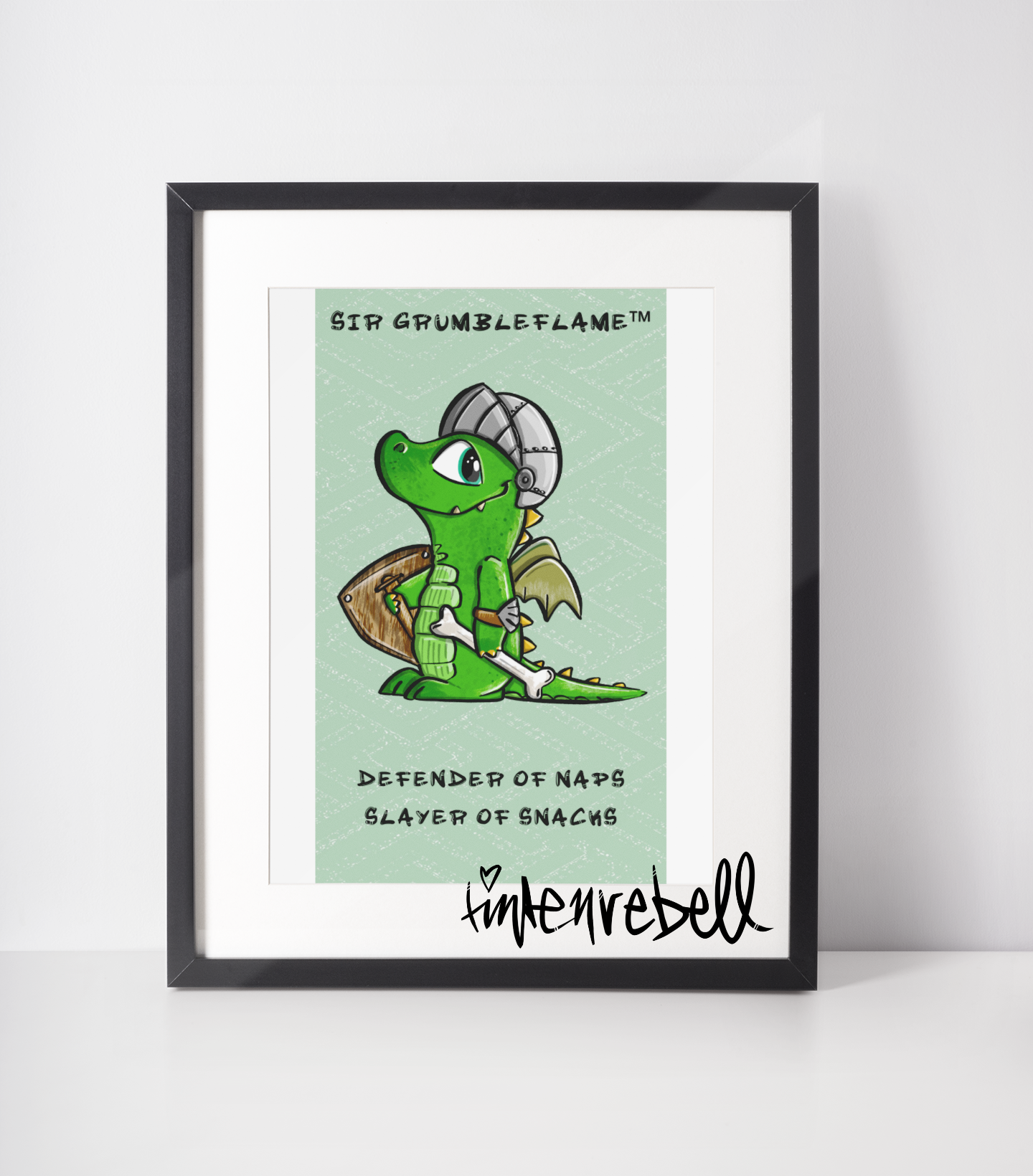 “Collectible storycard featuring hand-drawn Sir Grimbleflame crocodile and a witty mini-story – printed on sturdy cardstock, made to love and hoard.”