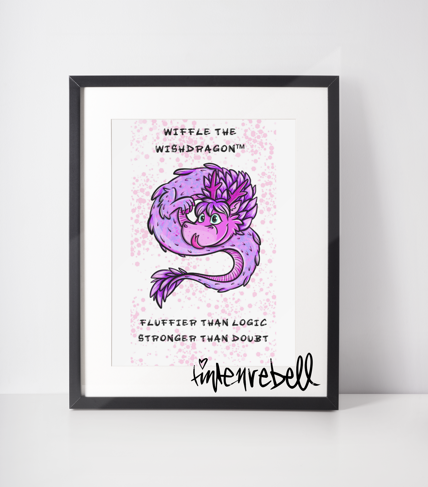 “Collectible storycard featuring hand-drawn Wiffle Wishdragon and a witty mini-story – printed on sturdy cardstock, made to love and hoard.”