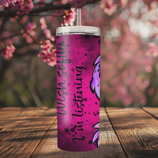 “Handmade 20oz skinny tumbler with hand-drawn Wishdragon – colorful, durable and double-walled for hot & cold drinks.”