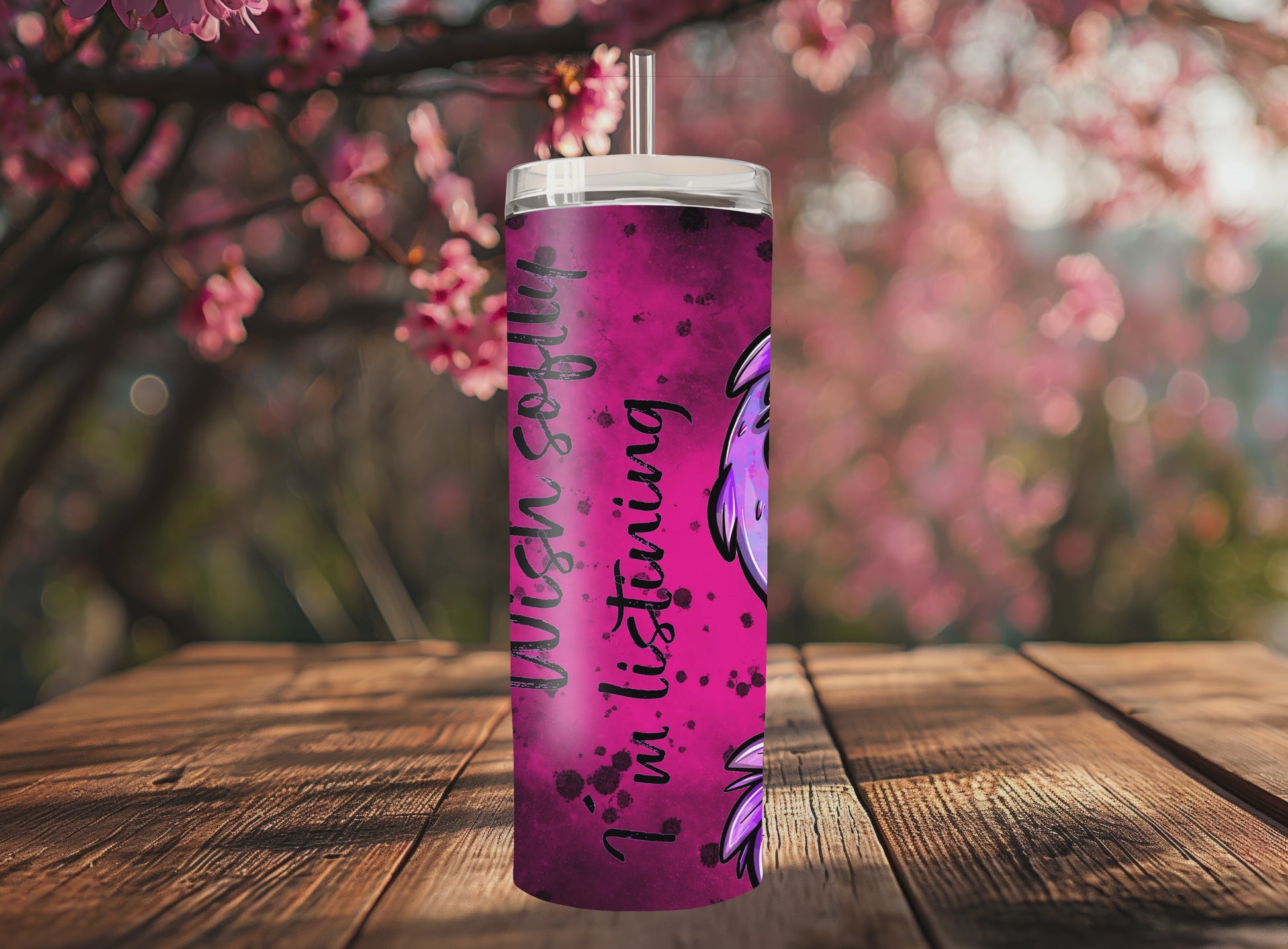 “Handmade 20oz skinny tumbler with hand-drawn Wishdragon – colorful, durable and double-walled for hot & cold drinks.”