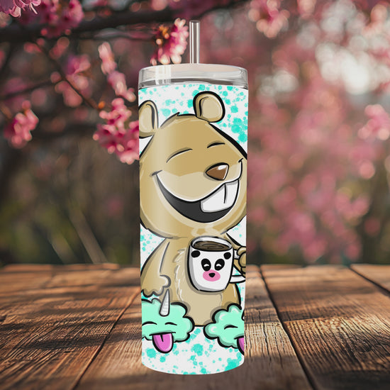 “Handmade 20oz skinny tumbler with hand-drawn Snugmo morning bear coffee – colorful, durable and double-walled for hot & cold drinks.”