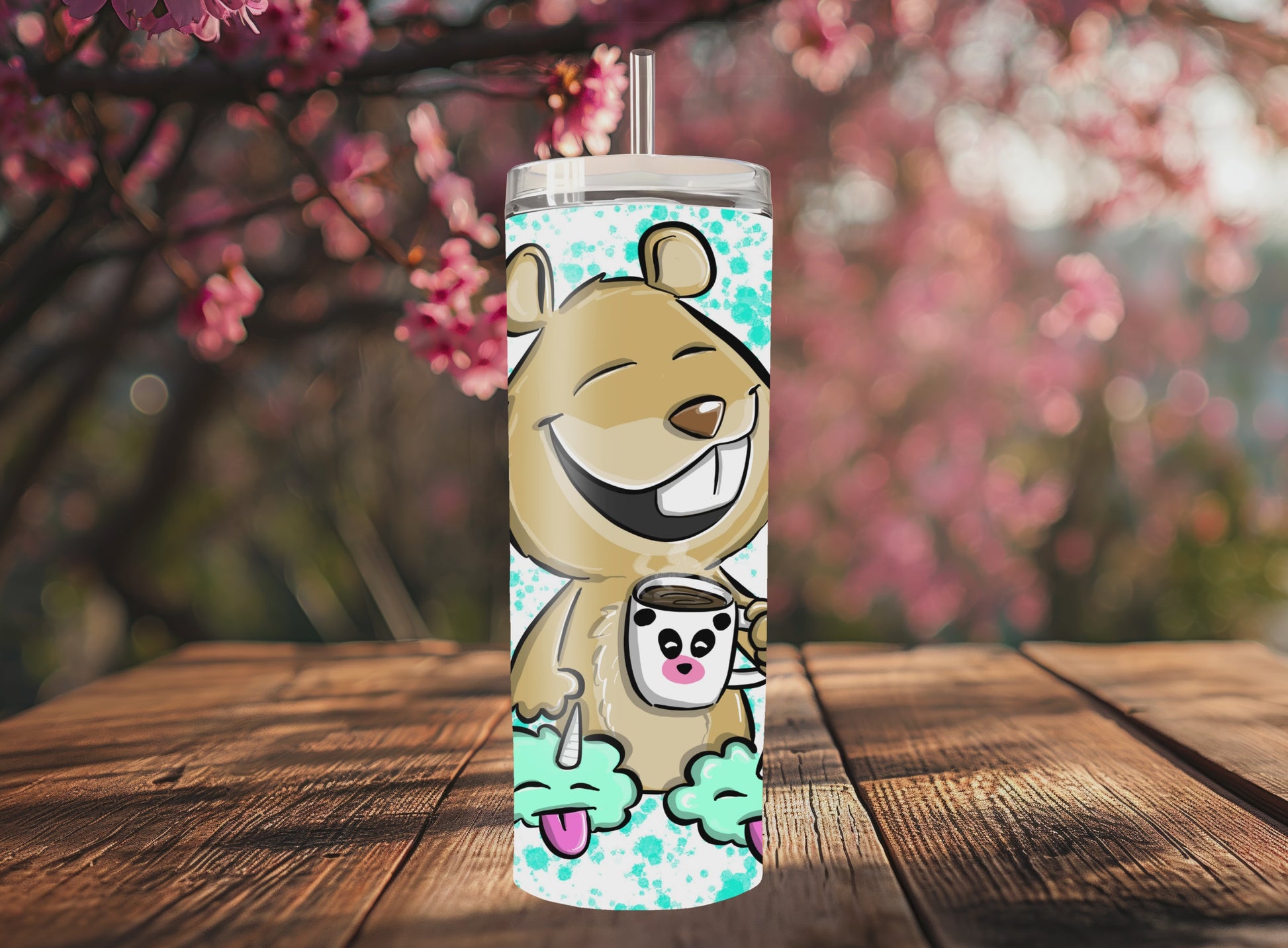 “Handmade 20oz skinny tumbler with hand-drawn Snugmo morning bear coffee – colorful, durable and double-walled for hot & cold drinks.”